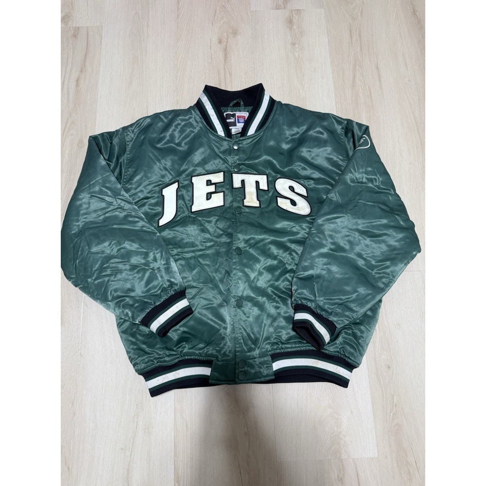 Vintage New York Jets Team NFL Men's Large Green Puma Satin Bomber Jacket Snap